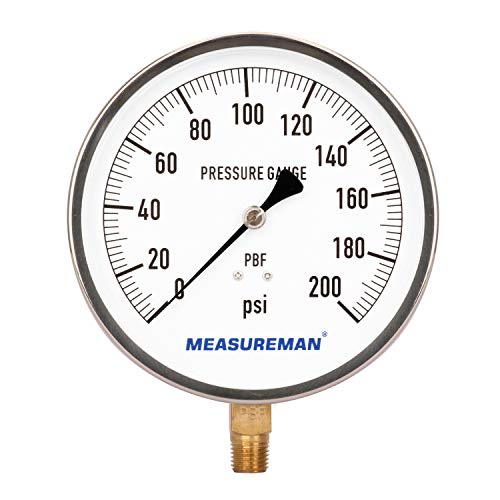 MEASUREMAN 304 Stainless Steel Case, Contractor Pressure Gauge, 0-200Psi, 4-1/2" Dial Size, +/-1% Accuracy, 1/4" NPT Lower Mount