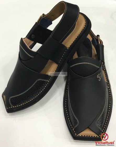 Handmade Leather Peshawari Chappal: Men's Black Casual Sandals4