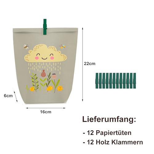 PANSIBY Ostertüten zum Befüllen, 12 Geschenktüten Ostern mit Farbigen, Osterhasen Motiv Hygge, Ostermotive Bedruckte Tüten mit Grün Klammern