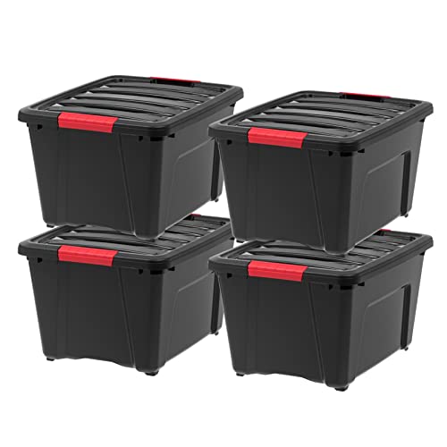 Image of IRIS USA 30 L (32 QT) Plastic Storage Box with Lid and Latches - 4 Pack - BPA-Free, Garage Organizing Solution, Durable Nestable Stackable Containers, Secure Pull Handle - Black