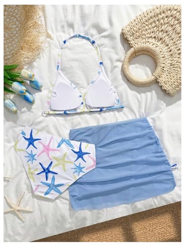 Image of RoseSeek Girl's 3 Piece Cute Bowknot Bathing Suit Halter Triangle High Waisted Swimsuit with Beach Cover Up Skirt