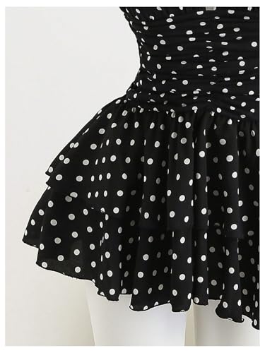 OYOANGLE Women's Polka Dots A Line Mini Halter Top Dress Backless Ruched Layered Ruffle Dresses4