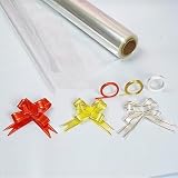 WICKELN Clear Cellophane Wrap Roll 100ft (L) X 16 Inches (W) With 15 Pull-Bows Ties, 3 Ribbons. Thic
