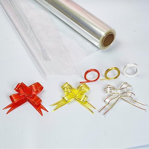 Wickeln Clear Cellophane Wrap Roll 100Ft (L) X 16 Inches (W) With 15 Pull-Bows Ties, 3 Ribbons. Thick Sheer And Cellophane Roll Perfect For Gift Basket Wrap,Craft,Flower (16In Wide X 100Ft Long) #TOP15