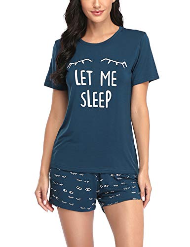 EISHOPEER Women's Shorts Pajama Set Short Tee and Pant Sleepwear Sets Peacock Blue XL