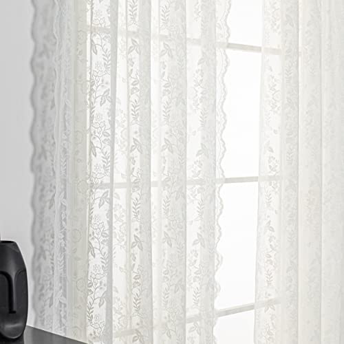 H.ebony Ivory Lace Curtains 63 Inch Length, Country Branch Leaf Scalloped Floral Lace Sheer Curtains For Bedroom, Privacy Vintage Lace Curtain Panels For Windows, 52 X 63 Inch, Light Beige, 1 Pair #TOP2
