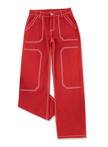 Sidefeel Women Casual Loose Mid Rise Baggy Cargo Jeans Wide Leg Denim Pants Size 14 Red