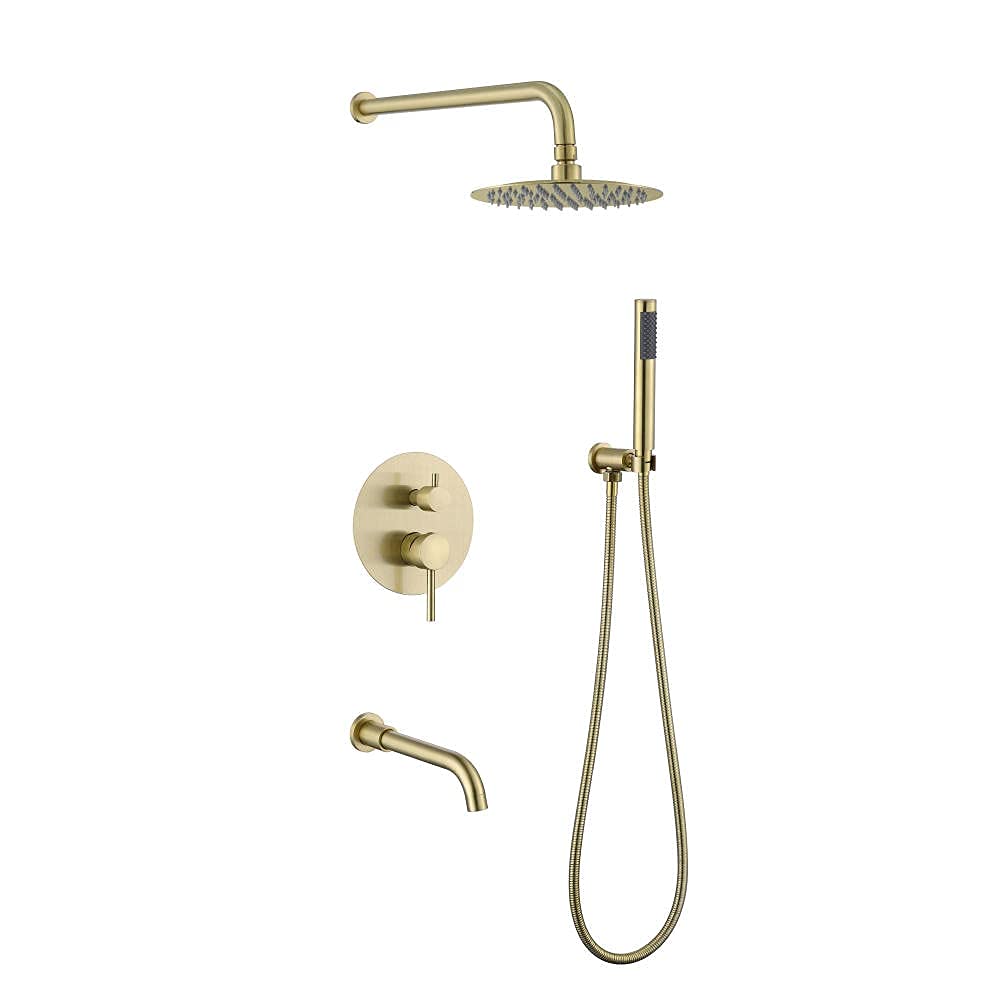 Système de douche effet pluie anti-calcaire or brossé avec douchette polyvalente 3 jets