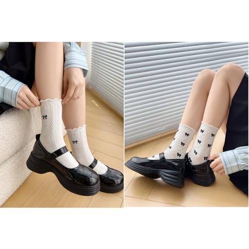 Image of Starella Women's Ruffle Frilly Socks Coquette Bow Scalloped Lace Preppy Dress Sock 5 Pairs Black White