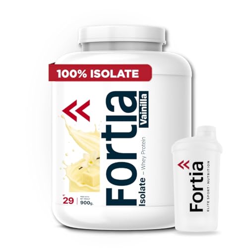FORTIA Whey Protein Isolate 100% 39g/dosis + Shaker – Proteina Isolada de Suero Premium Hecha en España | Proteína Alta en BCAA, Leucina y Glutamina | Mejora Masa Muscular | Vainilla 900g
