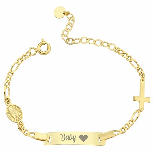 MIONZA 14K Solid Gold Cross Baby Bracelet Girl, Toddler Name Bracelet, Custom Teen Jewelry, Child ID, Newborn Baby Girl or Boy Gift