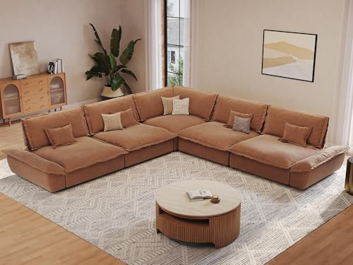 POVISON 144'' Oversized Modular Sectional Sofa, Extra Large Deep Seat Cloud Couch, Wide V Shaped Sectional Couch with Adjustable Backrest, Modern Comfy Corner Couches for Living Room, Brown