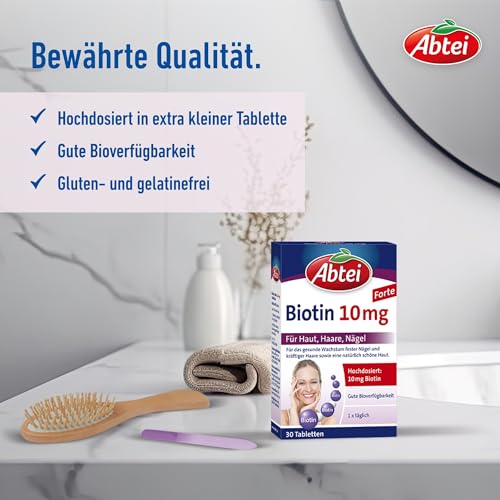 Abtei Biotin 10mg Forte - hochdosiertes Biotin - für schöne Haut, Haare und Nägel - zur Vorbeugung von Biotinmangel - laborgeprüft - 30 Tabletten