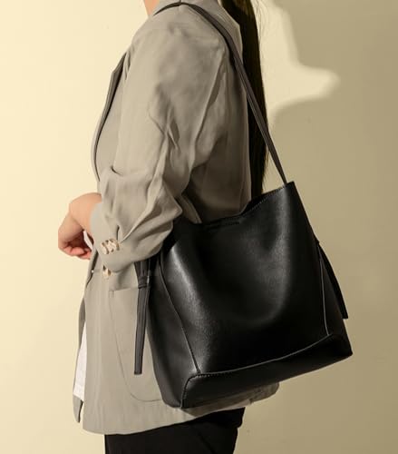 Image of Women's Trendy Tote Bag Vegan Leather Shoulder Crossbody Purse Large Bucket Handbag Soft Top Handle Satchel