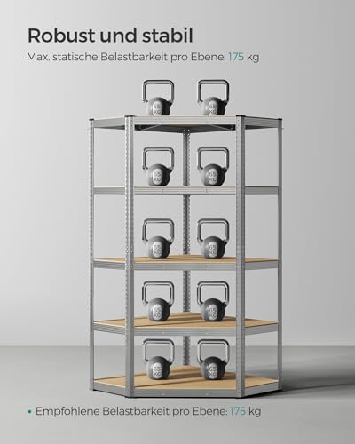 SONGMICS Eckregal 5 Ebenen, Schwerlastregal, Metall, Lagerregal für Garage, Abstellraum, Kellerregal, 1er Set（180 x 70 x 40 x 43 cm bis 875 kg belastbar, silbern-naturbeige GLR080E01