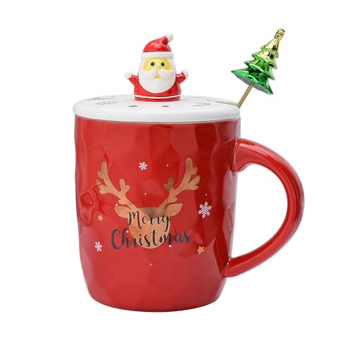 XinHuiGY Tasse à café de Noël, Tasses à thé en céramique Père Noël avec couvercle 3D et cuillère, 14OZ Nouveautés tasses pour cadeau de Noël pour femme Hommes filles garçons (Rouge)