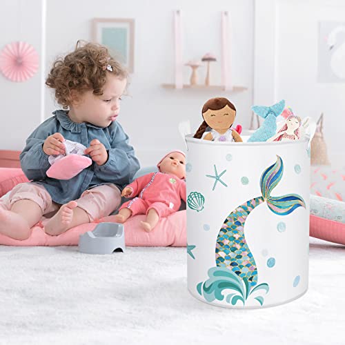 Clastyle 45L Adorable Kids Mermaid Laundry Hamper Blue Seashell Starfish Collapsible Laundry Basket With Drawstring Waterproof Sea Theme Toys Storage Basket With Handle, 14 * 17.7 In #TOP1