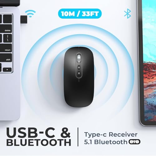 Image of RaceGT USB C Wireless Mouse, Rechargeable Dual-Mode Mouse(Type C and Bluetooth), Silent Mice for MacBook Air /Pro, Slim Portable Travel Mice for iPad Laptop PC Computer