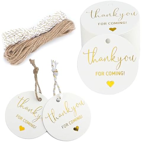 joycraft 100Pcs Thank You for Coming Tags, White High-end Kraft Paper Tags with String, Round Gold Foil Favors Labels, Personalized Gift Tags for Baby Shower, Bridal Shower, Party Gift Wrapping(2") Cover