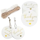 joycraft 100Pcs Thank You for Coming Tags, White High-end Kraft Paper Tags with String, Round Gold Foil Favors Labels, Personalized Gift Tags for Baby Shower, Bridal Shower, Party Gift Wrapping(2')