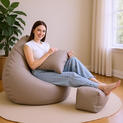 Image of 4XL Premium Leatherette Bean Bag with Rectangular Footrest & 16x16 Inch Cushion | High Density Beans Filled | Side Pocket & Easy to Carry Handle | 6 Months Warranty Color- (Beige, 4XL)