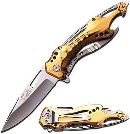 MTech USA – Spring Assisted Folding Knife – Mirror Polished Fine Edge Stainless Steel Blade, Gold Aluminum Handle, Pocket Clip, Tactical, EDC, Self Defense- MT-A705SGD