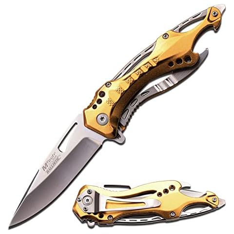 MTech USA – Spring Assisted Folding Knife – Mirror Polished Fine Edge Stainless Steel Blade, Gold Aluminum Handle, Pocket Clip, Tactical, EDC, Self Defense- MT-A705SGD,Gold/Silver Cover