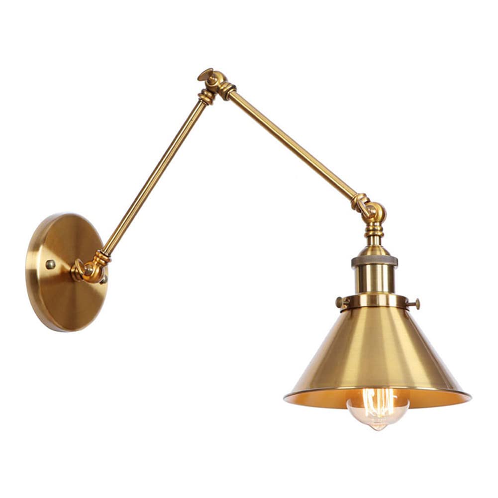 Wall Light Indoor LED 4W 3000K Warm White Adjustable Swing Long Arm Metal Wall Lamp Retro Vintage Industrial Lightshade Wall Sconce, for Living Room Bedroom Hallway Corridor Stairs Hall, Gold, E27