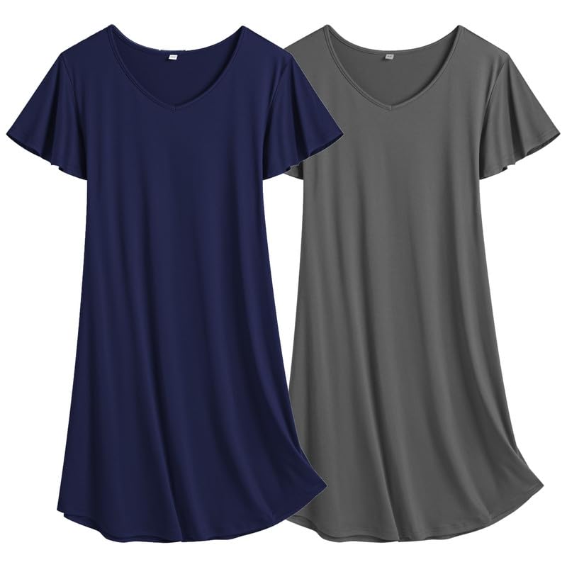 Ekouaer 2 Pack Women's Nightgown Short Sleeve Nightshirts Comfy Soft Pajama Sleep Dress
