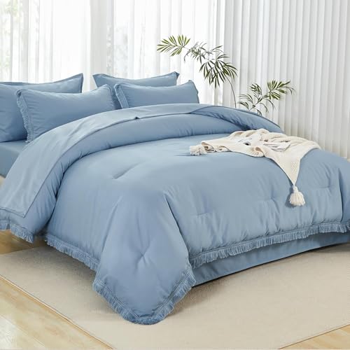 Image of Andency Oversized King Comforter Set with Sheets 120x120 Grayish Blue - 7 Pieces Boho Tassel Bed in a Bag Soft Lightweight Bedding Sets, Fringe Bed Set with Comforter, Sheets, Pillowcases & Shams