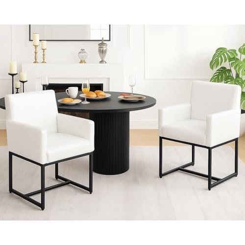 HNY Mid Century Modern Upholstered Dining Chairs with Arms Set of 2, Faux Leather Accent Chairs with Black Finish Metal Frame, 19'' Wide Arm Chairs for Living Room Kitchen Bedroom, Black