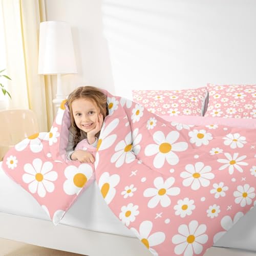 Image of Daisy Flower Groovy Comforter Set Toddler Size Kids Boys Girls Bedding | Retro Boho Breathable Soft Lightweight Duvet Set Quilt Set Bedroom Decor Microfiber 2Pcs Light Pink Warm Cozy All Season
