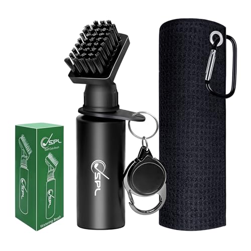 Golf Towel and Golf Club Brush Cleaner Set 16x16 Inch Premium Microfiber Golf Towel Golf Club Cleaning Brush with Retractable Clip & Squeeze Water Bottle Essentials Golf Accessories for Men