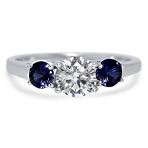 Sterling Silver Three Stone Blue Sapphire CZ Engagement Ring for Women Sizes 5 6 7 8 9 10