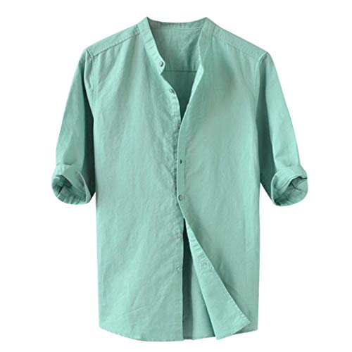 GDJGTA Men's Breathable Solid Color Button Cotton Linen Shirt Henry Collar Five-Point Sleeve T-Shirt Top Blouse