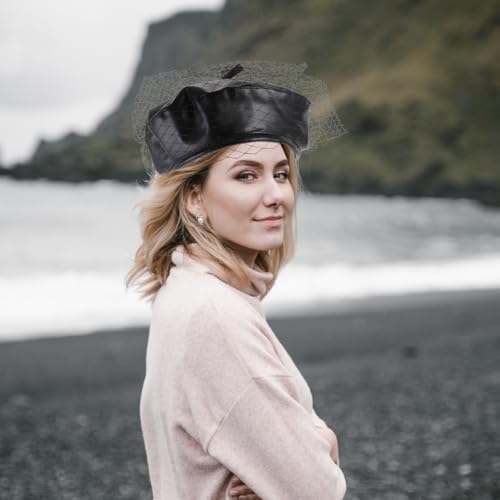 Béret en cuir synthétique souple qui ne décoiffe pas avec voile chic