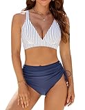 Edelqual High Waisted Bikini Sets for Women Tummy Control Swimsuits Two Piece Bathing Suit 2025 Full Coverage Curvy Sporty Slimming Ruched Vacation Swimwear (Striped Blue,M)