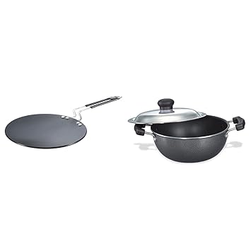 Prestige Hard Anodised Plus Cookware Induction Base Roti Tawa, 225mm, Black & Omega Select Plus Non-Stick Flat Base Kadai with Lid, 20cm, 2.2 litres, Black Combo
