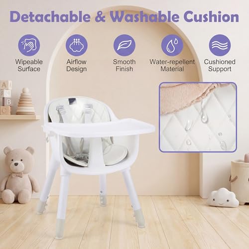 Image of HONEY JOY 5-in-1 High Chair, Convertible Highchair for Babies and Toddlers /Kids Chair Table Set /Infant Feeding Chair w /Safety Harness, PU Leather Cushion & Removable Food Tray (White)
