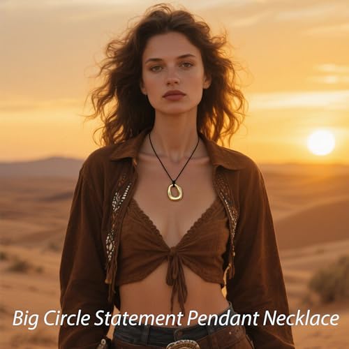 Boho Pendant Necklace for Women Chunky Gold Statement Necklaces Big Circle Black Necklace Cord Gold Charm Leather Western Necklacess for Women Trendy Jewelry Christmas Gifts Stocking Stuffers3