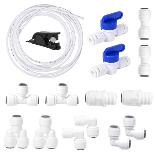Vexnaro Kit Manguera Agua 1/4 Pulgada 5 m, Tubo Suministro con Conectores Rectos Angulares T y Y Valvulas y Cortador, Accesorios para Refrigerador Osmosis Inversa Filtro Agua Universal