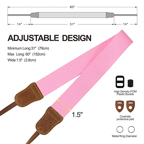 Padwa Pink Camera Straps For Photographers - Full Grain Crazy Horse Leather Head,1.5" Wide Pure Cotton Woven Camera Strap,Adjustable Shoulder Neck Strap For Cameras,Great Gift For Photographers #TOP5