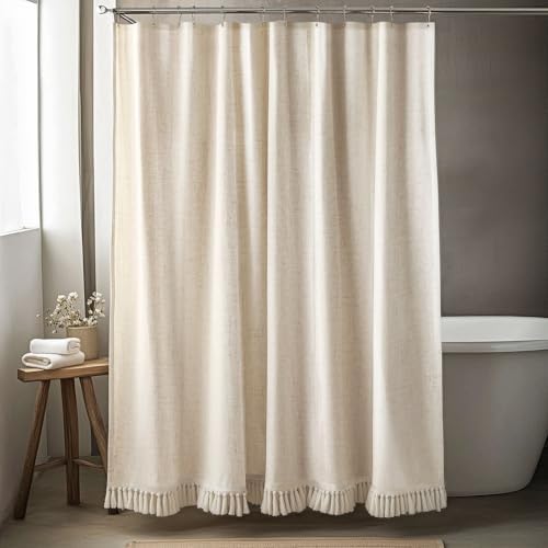 Linen Shower Curtain Boho Beige Shower Curtain with Tassels 72"W ...