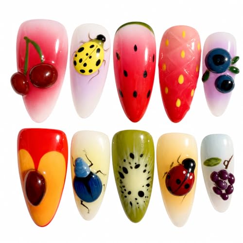 Handcrafted Press On Nails 3D Stereo Fruit and Insect Theme