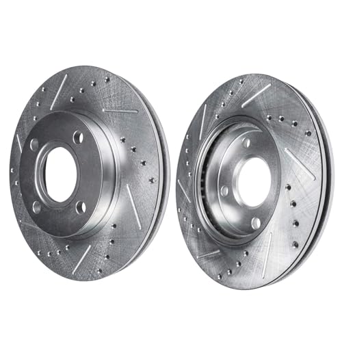 Image of Detroit Axle - 4 Lugs Front Brake Kit for 2000-2006 Nissan Sentra, 1993-2001 Altima, 1999-2002 Infiniti G20, Drilled and Slotted Brake Rotors w /Ceramic Brakes Pads: 11.02'' inch Rotors