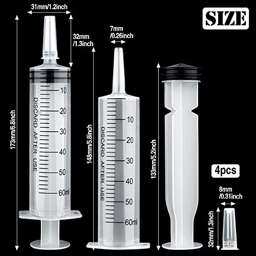 Spritze 50ml(60ml), 4 Stück Spritzen 50ml Ohne Nadel Plastikspritze mit Kappen Futterspritze Dosierspritze Wiederverwendbare für Labor Tierfütterung Industrielle Nutzung