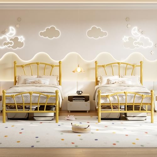 Image of GAOMON Twin Size Metal Bed Frame, Twin Bed Frames for Girls Boys, Twin Heavy-Duty Platform Bed with Heart-Shaped Design Headboard&Footboard, No Box Spring Needed /Noise-Free /Easy Assembly, Gold