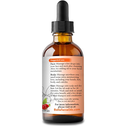 Bella Terra Oils Rosehip Seed Oil. 4Oz. 100% Pure. Cold-Pressed. Unrefined. Chemical-Free. Rich In Vitamin C. Great For Mature Skin. Natural Moisturizer For Hair, Skin, Nails, Stretch Marks #TOP2