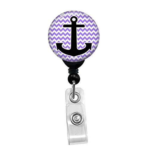 Anchor On Chevrons -Retractable Lanyard Badge Reel - Id Name Tag Custom Clip On Badge Holder (Purple Chevrons Belt Clip) #TOP9