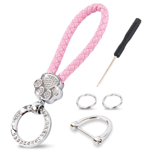 CXDWOCHE Rhinestone Braided Leather Keychain for Women, Sparkly Crystal Handmade Car Key Chain with Metal Buckle, Gift for Purse Bag